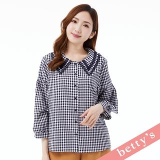 【betty’s 貝蒂思】格紋蕾絲劍領泡泡袖襯衫(深藍色)