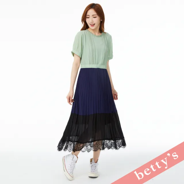 【betty’s 貝蒂思】蕾絲雪紡撞色鬆緊腰百褶洋裝(淺綠色)