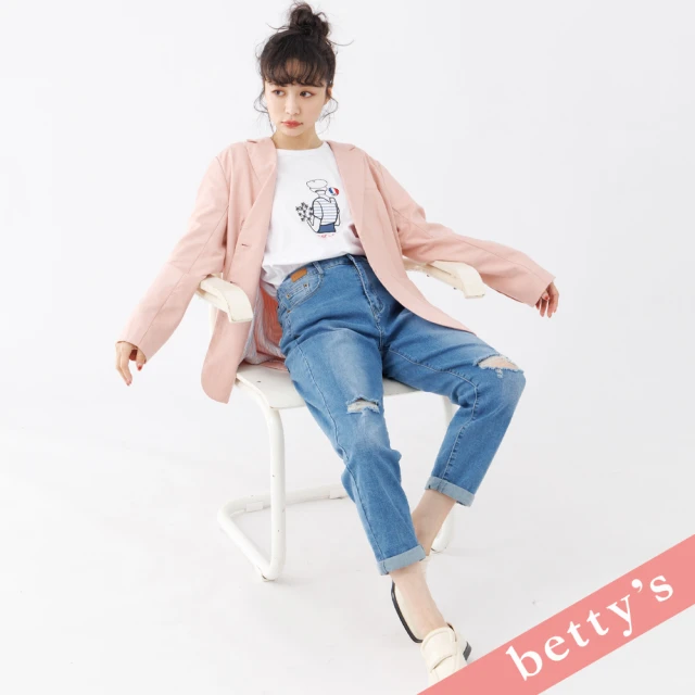 betty’s 貝蒂思 腰鬆緊個性破洞直筒牛仔褲(淺藍色)