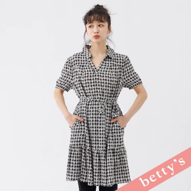 betty’s 貝蒂思 百變格紋半開襟壓褶短洋裝(黑格子)