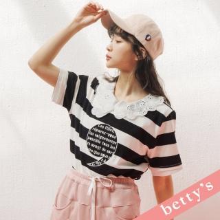 【betty’s 貝蒂思】逗點刺繡條紋短袖T-shirt(黑色)