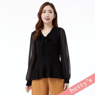 【betty’s 貝蒂思】泡泡雪紡袖拼接直紋綁帶針織上衣(黑色)