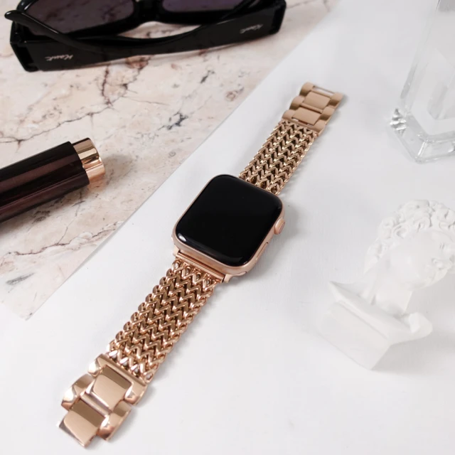 Watchband Apple Watch 全系列通用錶帶 蘋果手錶替用錶帶 立體心字 折疊扣不鏽鋼錶帶(玫瑰金色)