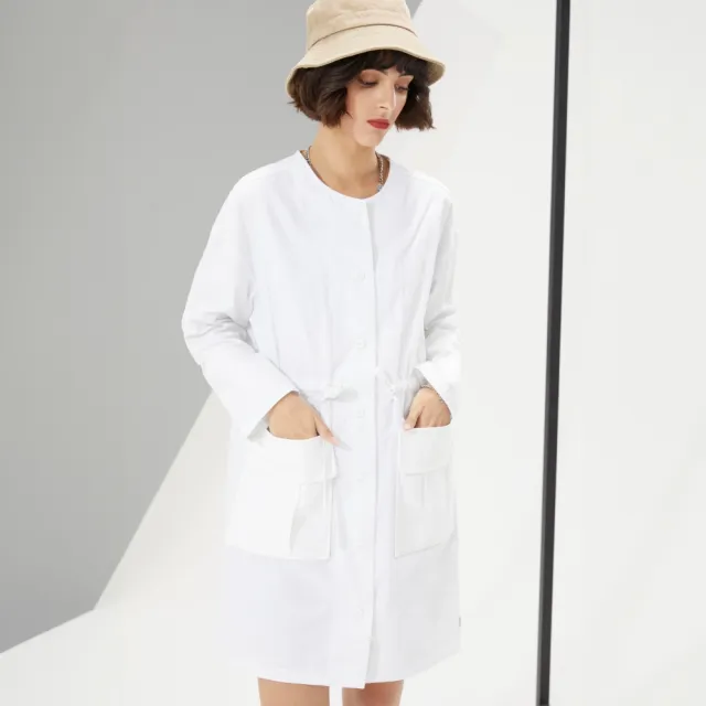 【Dickies】女款白色純棉腰部抽繩設計工裝大口袋長袖連身裙｜DK010189C4D