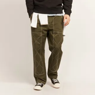 【Dickies】男款軍綠色純棉斜紋特殊縫線拼接設計休閒長褲｜DK011016A76