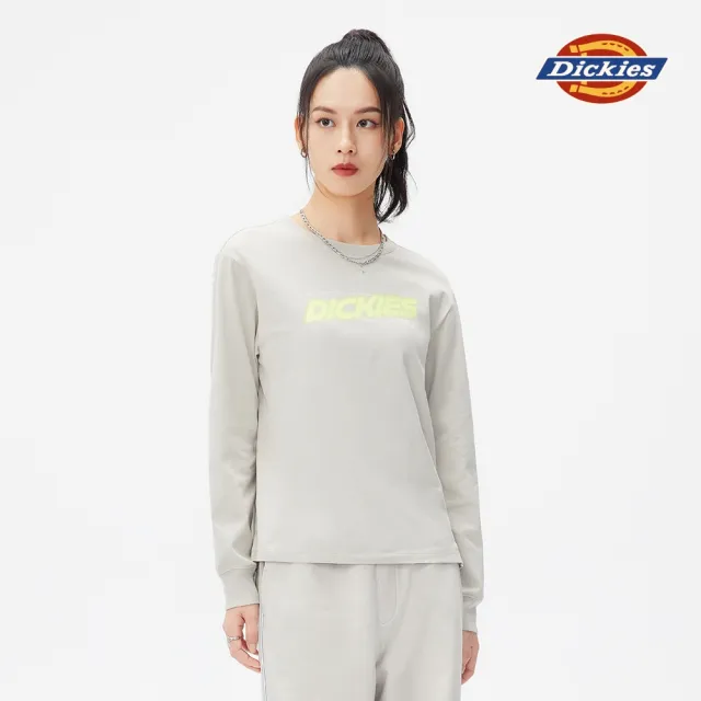 【Dickies】女款米灰色純棉前短後長長袖T恤｜DK010843ST0