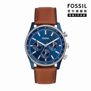 【FOSSIL 官方旗艦館】Sullivan 紳士休閒美學三眼多功能指針手錶 棕色真皮錶帶 44MM BQ2512