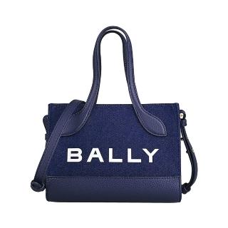 【BALLY】BALLY BAR字母LOGO牛仔布拼接皮革磁吸式手提斜背包(迷你/海洋藍)