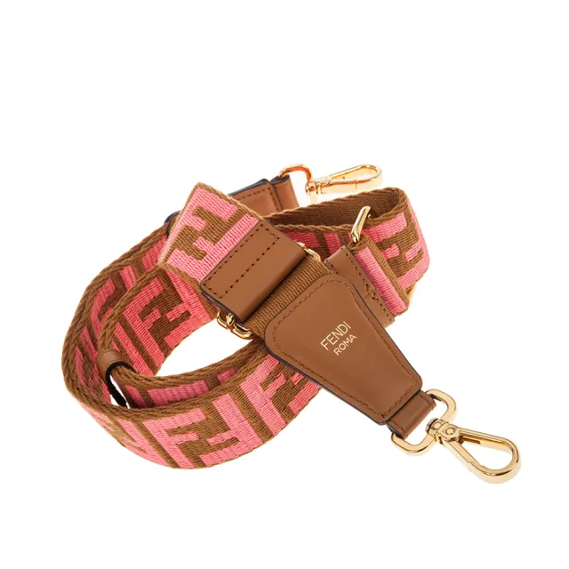 【FENDI 芬迪】新款雙色織帶FF LOGO STRAP YOU肩背帶(棕色/粉紅)