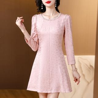 【ALICAI 艾麗彩】優雅淺粉鑲鑽珍珠領緹花蕾絲洋裝(S-2XL)