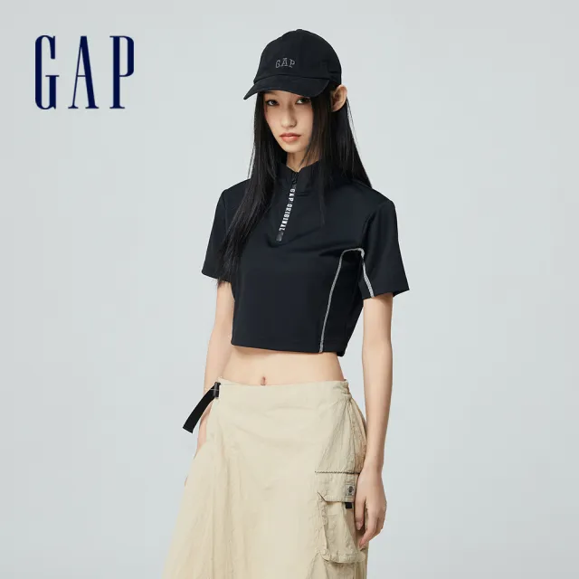 【GAP】女裝 Logo印花立領短袖T恤-黑色(876152)