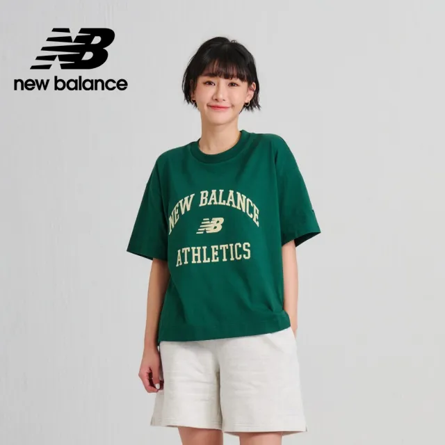 【NEW BALANCE】NB 親膚植絨學院風文字短袖上衣_女裝_綠色_WT33551NWG(美版 版型偏大)