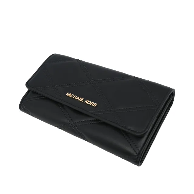 【Michael Kors】JET SET TRAVEL 黑色菱格紋衍縫皮革三折式中長夾(黑色)
