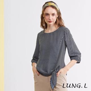 【LUNG.L 林佳樺】LP16A藍白斜條紋圓領下擺綁結七分袖女裝上衣