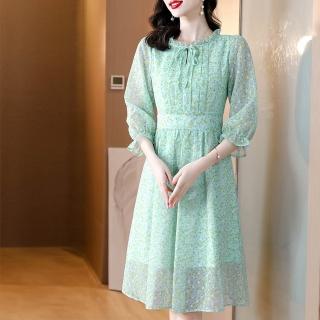 【ALICAI 艾麗彩】清新小黃花印花雪紡胸口綁結洋裝(S-2XL)