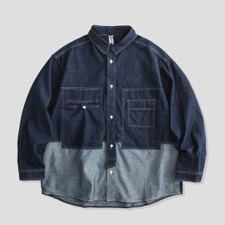 【米蘭精品】現貨+預購 襯衫長袖上衣(純棉翻領拼接牛仔男上衣74ge27)