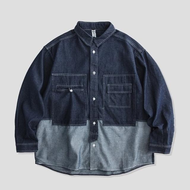 【米蘭精品】現貨+預購 襯衫長袖上衣(純棉翻領拼接牛仔男上衣74ge27)