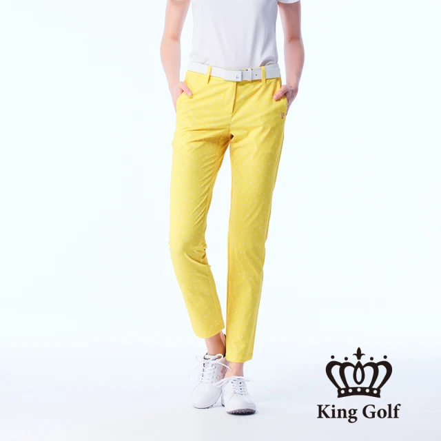 KING GOLF 實體同步款-女款立體刺繡皇冠鋁片滿版星星印圖舒適素面修身休閒長褲/高爾夫球褲(黃色)