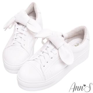 【Ann’S】激瘦第三代!!!彈性鞋帶蝴蝶結全真牛皮厚底小白鞋4cm(白)