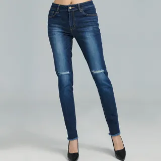 【BOBSON】女款中腰膝破小直筒褲(8172-52)