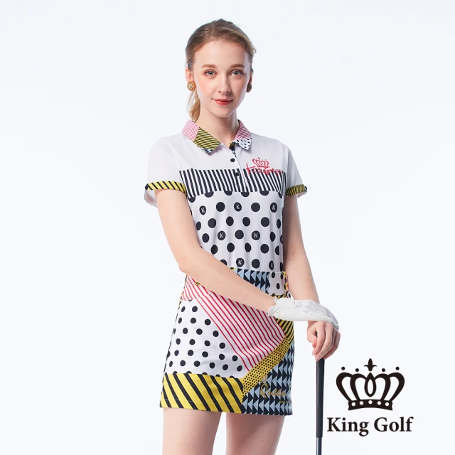 KING GOLF 網路獨賣款-女款條紋圓圈印花LOGO印圖涼感短袖POLO衫/高爾夫球衫(白色)