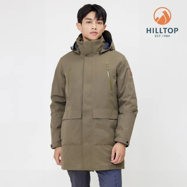 【Hilltop 山頂鳥】GORE-TEX 二合一防水透氣保暖蓄熱羽絨防潑可拆帽長版大衣外套 男款 灰卡｜PF21XM62ECNN