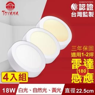 【TOYAMA特亞馬】18W超薄LED雷達微波感應吸頂燈 4入組 全暗全亮型(黃光 自然光 白光)