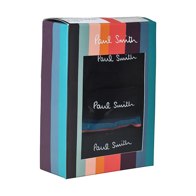 【Paul Smith】PAUL SMITH白字LOGO黑/條紋組合棉質低腰平角內褲三件裝(男款/黑x寬條紋)