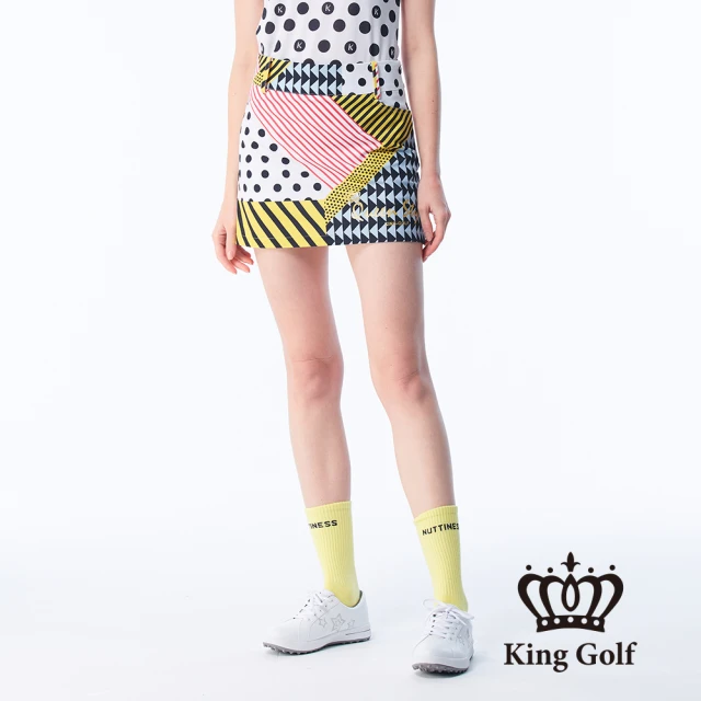 KING GOLF 實體同步款-女款圓點條紋幾何印花休閒A字運動短裙/高爾夫球裙(黃色)