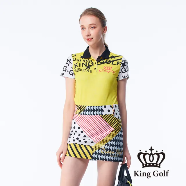 【KING GOLF】網路獨賣款-女款漫畫風星星印花LOGO印圖涼感短袖POLO衫/高爾夫球衫(黃色)