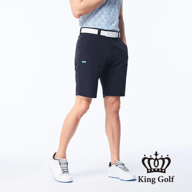 【KING GOLF】網路獨賣款-實體同步款-男款LOGO印花口袋夾標彈性短褲/高爾夫球褲(藍色)