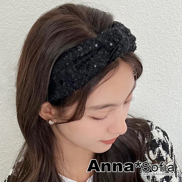 【AnnaSofia】韓式髮箍髮飾-中央結亮片蔥鬚 現貨(黑系)