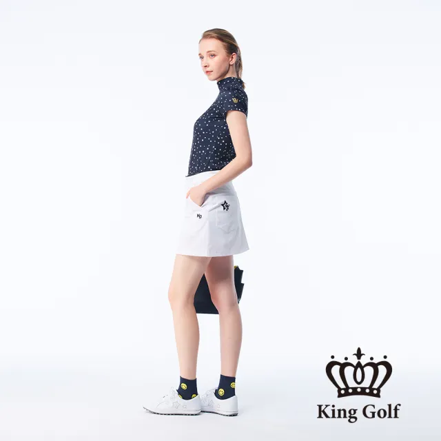 【KING GOLF】網路限定款-女款KG刺繡星星印圖素面修身A LINE短裙/高爾夫球裙(白色)