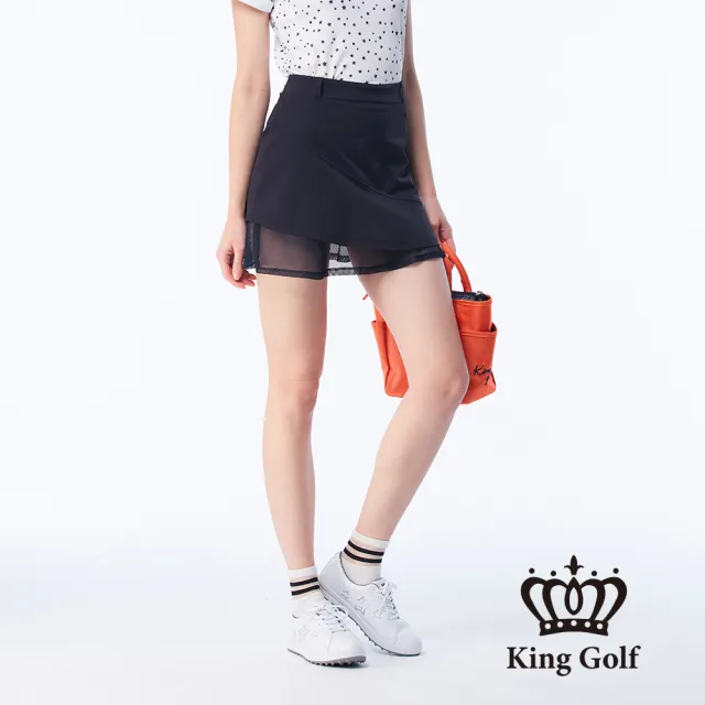 【KING GOLF】網路限定款-女款素面網布拼接立體刺繡修身A LINE短裙/高爾夫球裙(丈青)