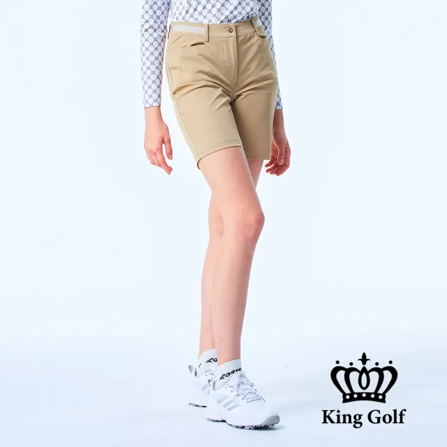 【KING GOLF】網路限定款-女款立體刺繡織帶拼接素面舒適修身休閒短褲/高爾夫球褲(卡其)