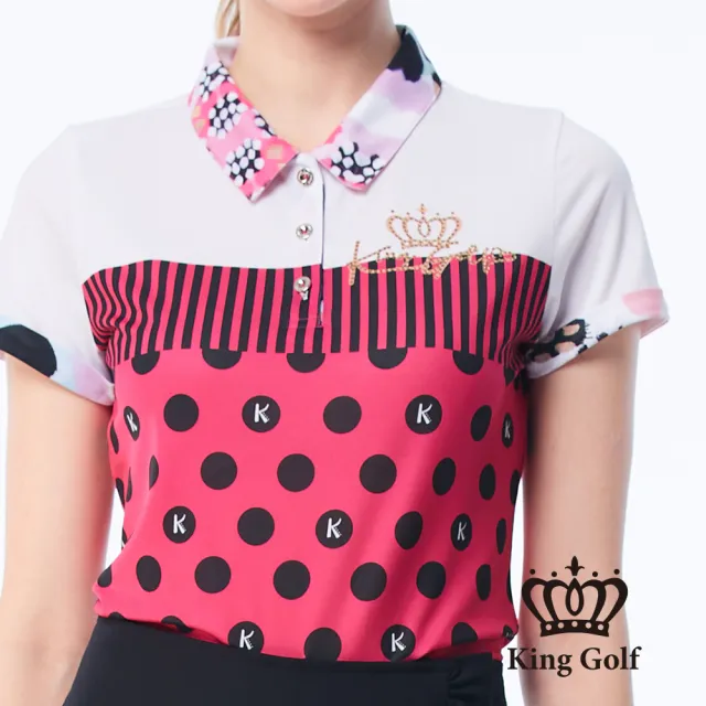 【KING GOLF】網路獨賣款-女款條紋圓圈印花LOGO印圖涼感短袖POLO衫/高爾夫球衫(桃紅)