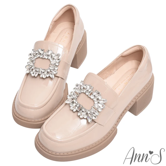 【Ann’S】名品方形鑽扣-漆皮QQ彈力舒適厚底粗跟樂福鞋6cm(米)