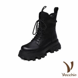 【Vecchio】真皮馬丁靴 厚底馬丁靴/全真皮頭層牛皮輕量厚底復古繫帶休閒馬丁靴(黑)
