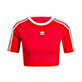 【adidas 愛迪達】3 S Baby Tee 女 短袖 短版 上衣 經典 休閒 三葉草 修身 流行 紅(IP0665)