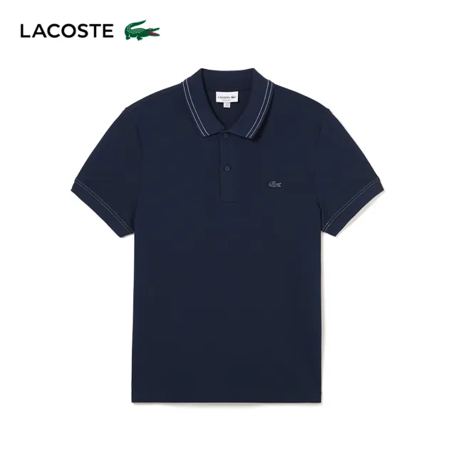 【LACOSTE】男裝-常規版型條紋領彈力網眼布Polo衫(海軍藍)