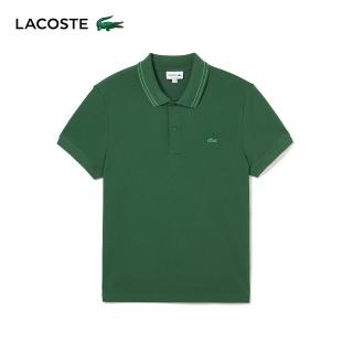 【LACOSTE】男裝-常規版型條紋領彈力網眼布Polo衫(綠色)