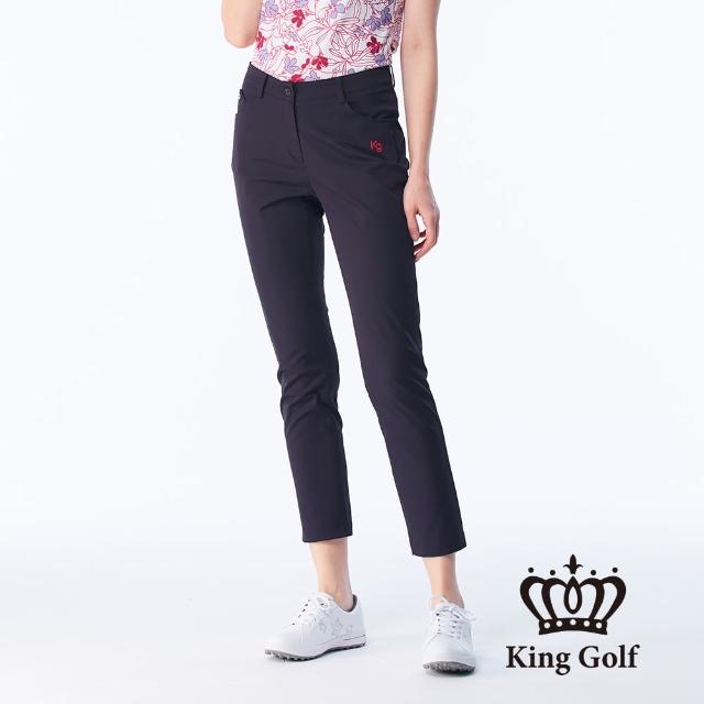 【KING GOLF】實體同步款-女款蝴蝶繡花修身休閒長褲/高爾夫球褲(黑色)