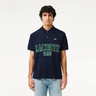 【LACOSTE】男裝-Original L.12.12植絨文字網眼部短袖Polo衫(海軍藍)