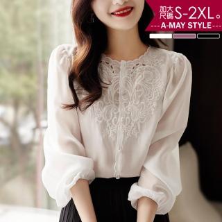 【艾美時尚】中大尺碼女裝 上衣 優雅圓領蕾絲澎袖襯衫。S-2XL(3色.預購)
