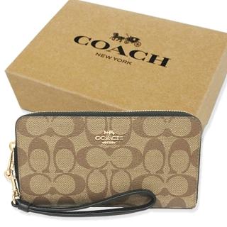【COACH】C LOGO手掛式拉鍊零錢袋長夾禮盒(焦糖/黑)