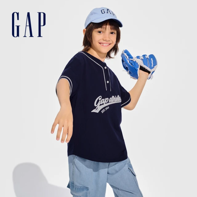 【GAP】男童裝 Logo純棉亨利領短袖T恤-海軍藍(890544)