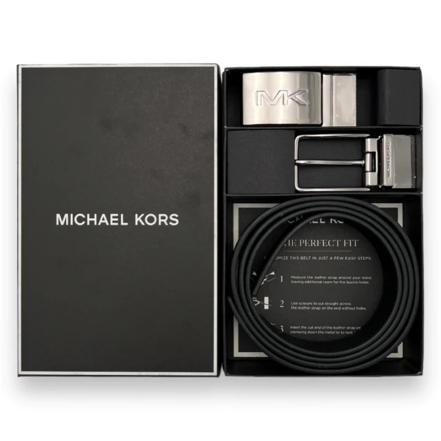 Michael Kors 專櫃禮盒版 MK 男生 皮帶 黑灰滿版x素面黑色 雙扣頭禮盒 腰帶 方牌/針扣雙頭(36H3LBLY4B)