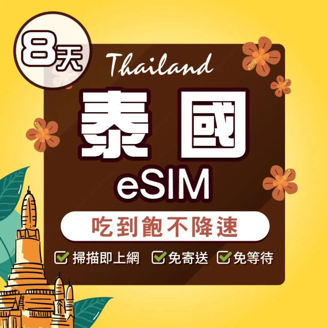 環亞電訊 eSIM泰國8天吃到飽(eSIM 24H自動發貨 AIS DTAC 5G網速 吃到飽 不降速 網卡 環亞電訊)