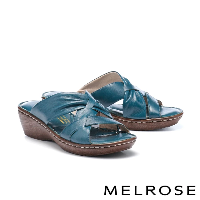 MELROSE 美樂斯 簡約率性交叉寬帶全真皮厚底拖鞋(藍)