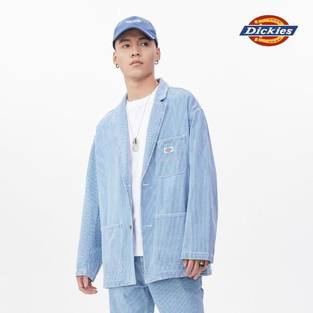 【Dickies】男款晴空藍條紋純棉Hickory寬版工裝外套｜DK011506F52